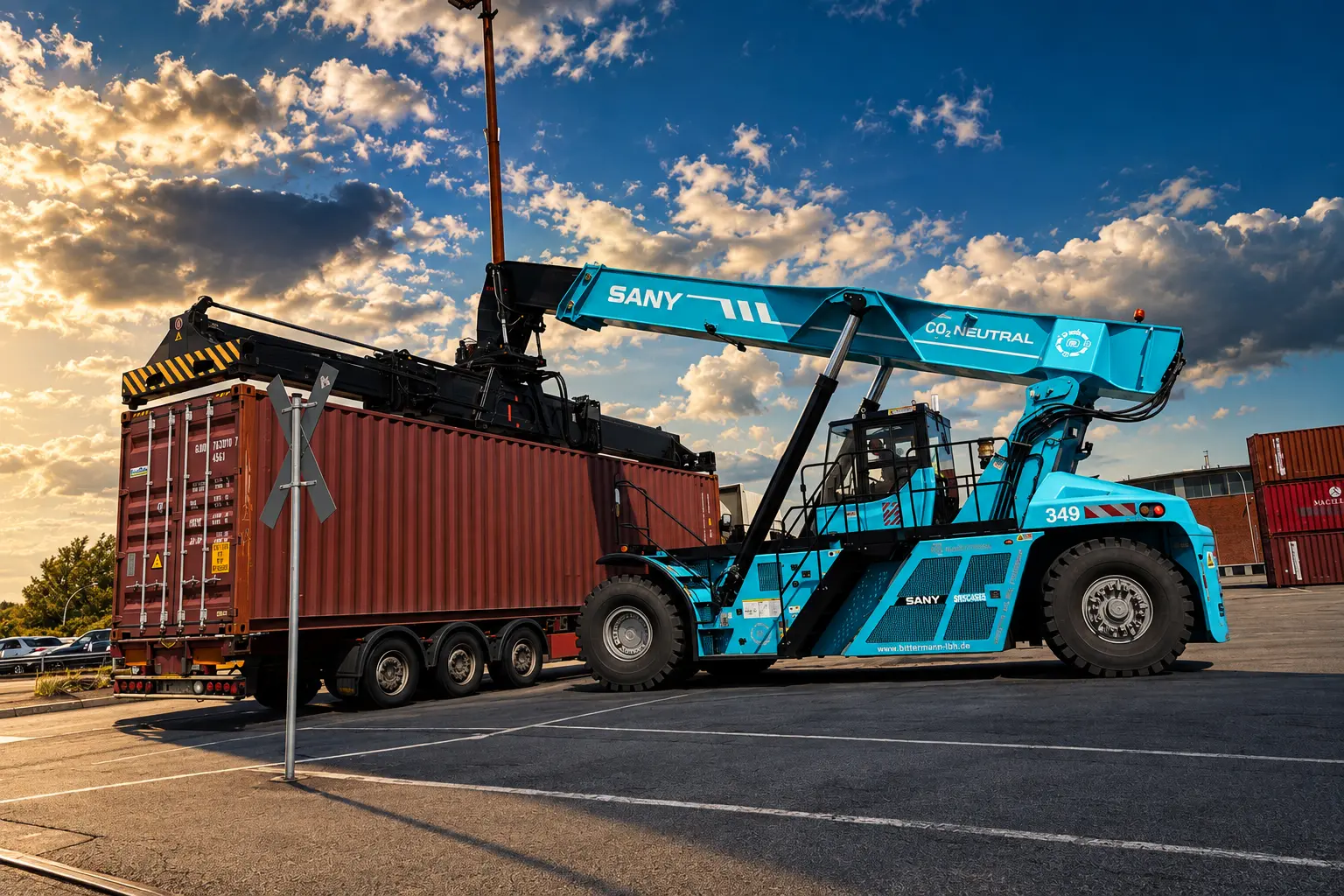 SANY-Reachstacker hebt einen Container auf einem Terminalgelände